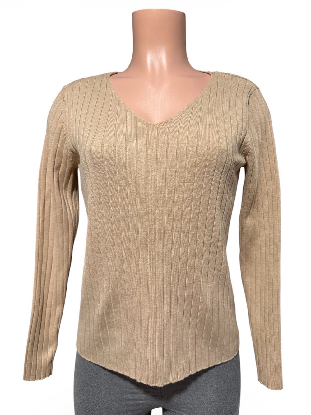 Ribbed V-Neck Long Sleeve Top in Beige